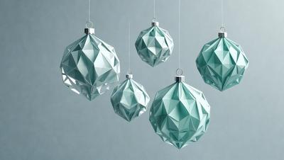 The primary subject of the image is a series of four blue and green geometric Christmas ornaments hanging from strings. The ornaments are suspended in the air, creating a festive and holiday atmosphere. The setting is a gray background, which provides a clean and minimalistic look to the scene. The visual style is a combination of digital art and illustration, as the ornaments are depicted in a detailed and realistic manner. The colors and mood of the image are predominantly blue and green, which are associated with the